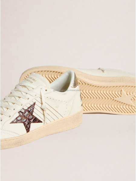 Golden Goose Ball Star Sneakers in White Leather With Crocodile-Effect Star and Gold Heel Tab