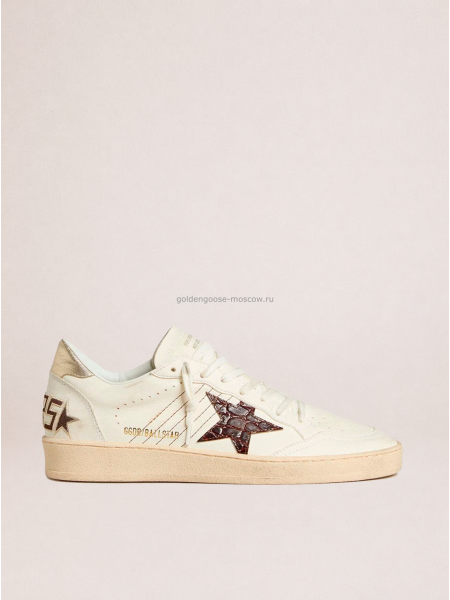 Golden Goose Ball Star Sneakers in White Leather With Crocodile-Effect Star and Gold Heel Tab