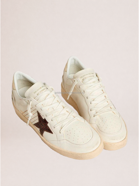 Golden Goose Ball Star Sneakers in White Leather With Crocodile-Effect Star and Gold Heel Tab
