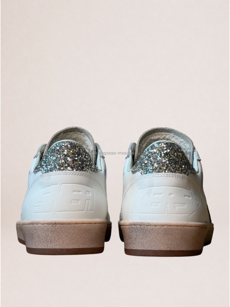 Golden Goose Ball Star in White Leather with Leopard Star and Glitter Heel Tab