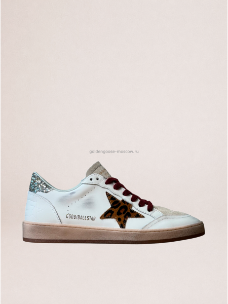 Golden Goose Ball Star in White Leather with Leopard Star and Glitter Heel Tab