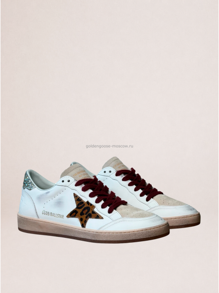 Golden Goose Ball Star in White Leather with Leopard Star and Glitter Heel Tab