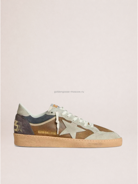 Golden Goose Mens Ball Star in Brown Suede With Eggplant Star and Heel Tab