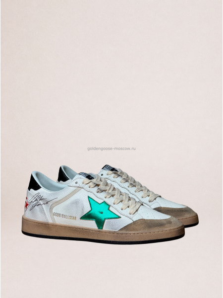 Golden Goose Mens Ball Star in White Leather With Green Star and Black Heel Tab Golden Goose Mens Ball Star in White Leather With Green Star and Black Heel Tab