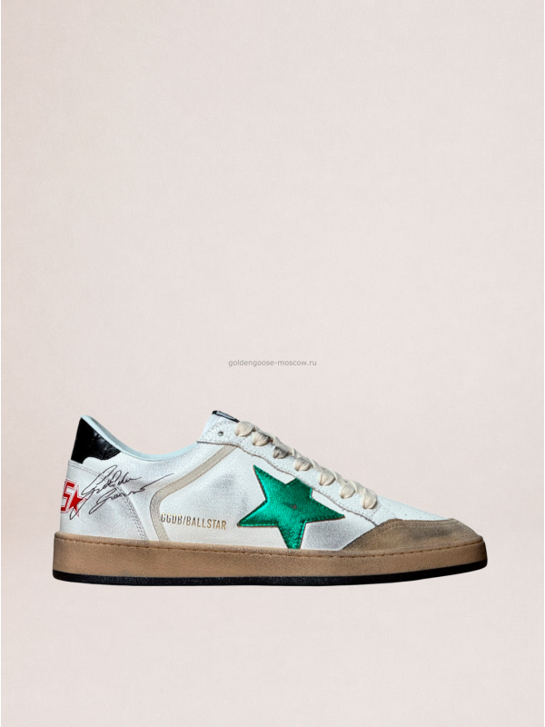 Golden Goose Mens Ball Star in White Leather With Green Star and Black Heel Tab Golden Goose Mens Ball Star in White Leather With Green Star and Black Heel Tab