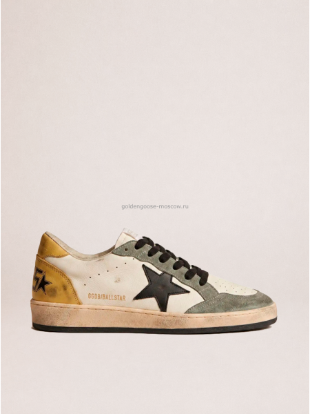 Golden Goose Mens Ball Star Sneakers in Black Leather With Yellow Star and Yellow Heel Tab