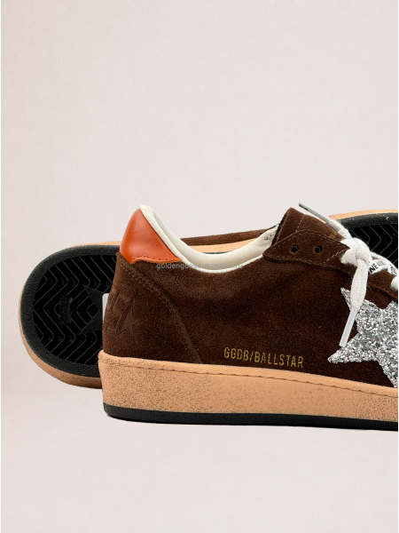 Golden Goose Ball Star Brown Suede with Silver Glitter Star