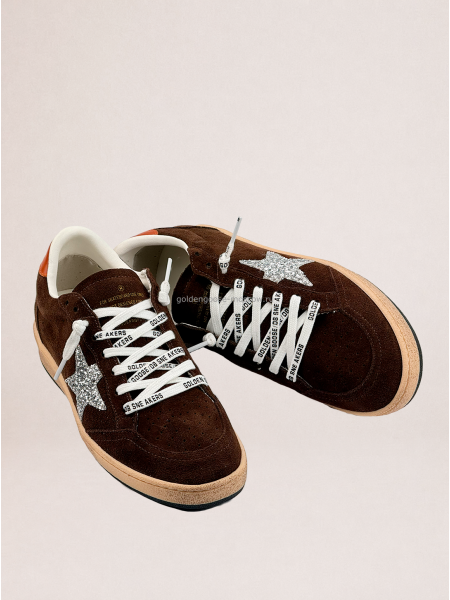 Golden Goose Ball Star Brown Suede with Silver Glitter Star