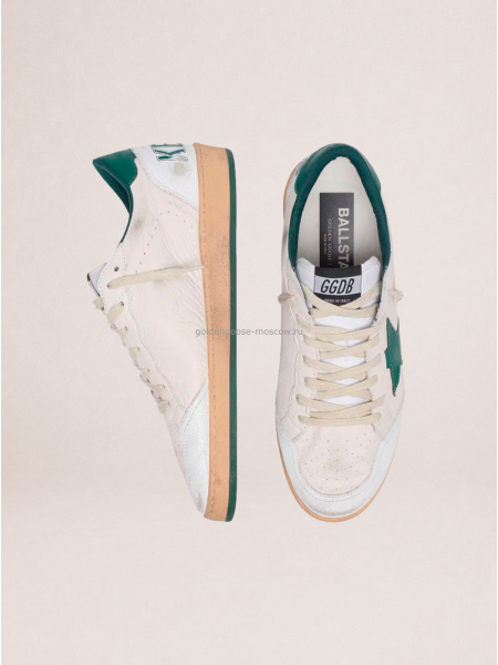 Golden Goose Mens Ball Star in White Nappa Leather with Green Leather Star and Heel Tab
