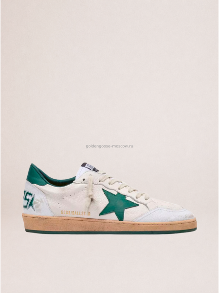 Golden Goose Mens Ball Star in White Nappa Leather with Green Leather Star and Heel Tab