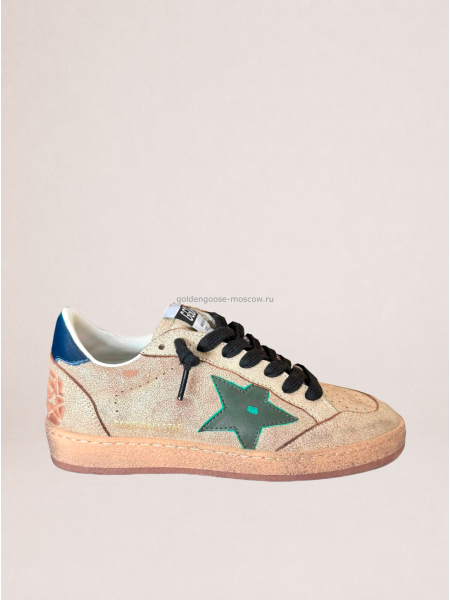 Golden Goose Mens Ball Star in Cracked Leather with Green Suede Star