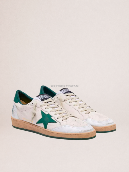 Golden Goose Mens Ball Star in White Nappa Leather with Green Leather Star and Heel Tab