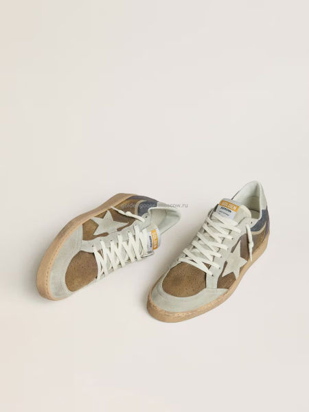 Golden Goose Mens Ball Star in Brown Suede With Eggplant Star and Heel Tab