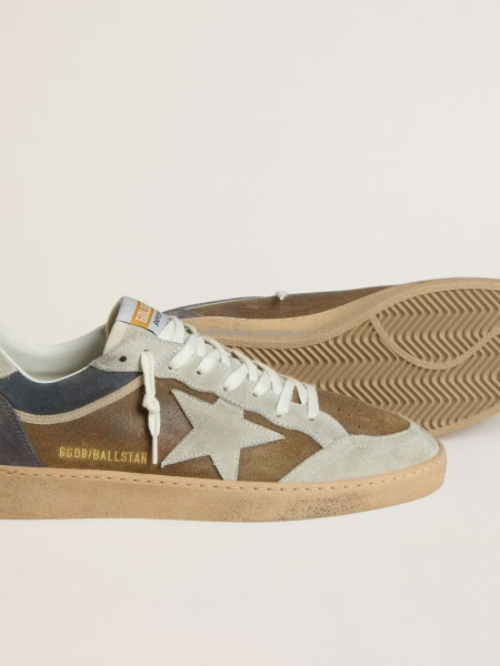 Golden Goose Mens Ball Star in Brown Suede With Eggplant Star and Heel Tab