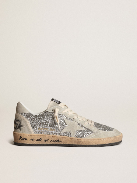Golden Goose Ball Star In Silver Glitter With Ice-Gray Suede Inserts