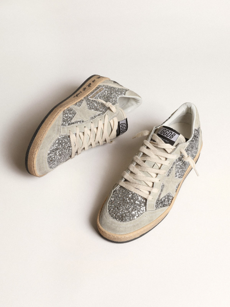 Golden Goose Ball Star In Silver Glitter With Ice-Gray Suede Inserts