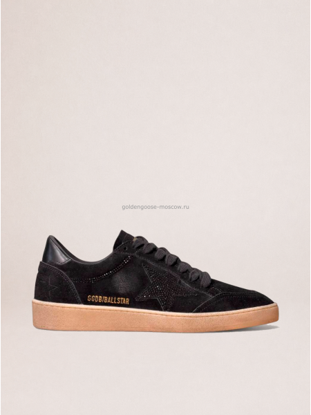 Golden Goose Ball Star Sneakers in Black Suede With Black Crystal Star