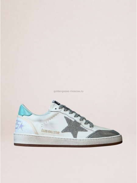 Golden Goose Ball Star in White Leather With Mint Green Heel Tab and Silver Star