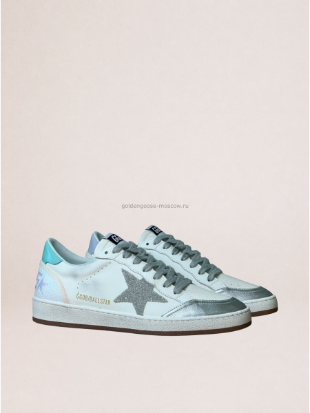 Golden Goose Ball Star in White Leather With Mint Green Heel Tab and Silver Star