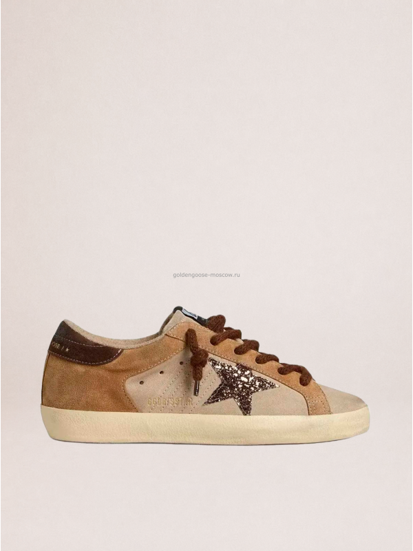Golden Goose Super-Star in Beige Suede With White Star and Heel Tab Golden Goose Super-Star in Beige Suede With White Star and Heel Tab
