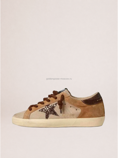 Golden Goose Super-Star in Beige Suede With White Star and Heel Tab Golden Goose Super-Star in Beige Suede With White Star and Heel Tab