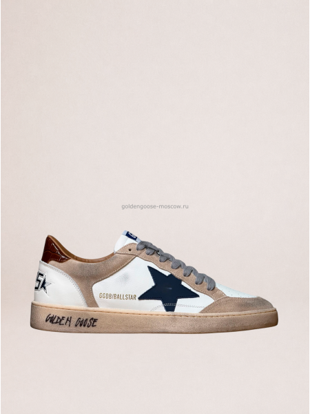 Golden Goose Mens Ball Star in Beige Suede With Navy Blue Star