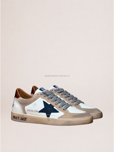 Golden Goose Mens Ball Star in Beige Suede With Navy Blue Star
