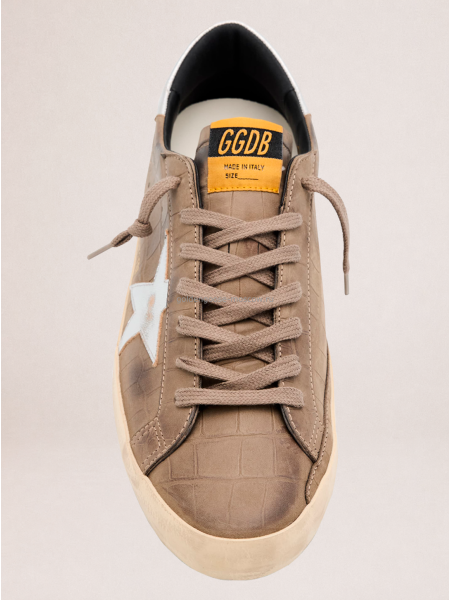 Golden Goose Mens Super-Star Sneakers in Brown Croco-Effect Leather