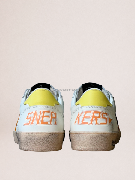 Golden Goose Ball Star in White Leather With Orange Star and Yellow Heel Tab