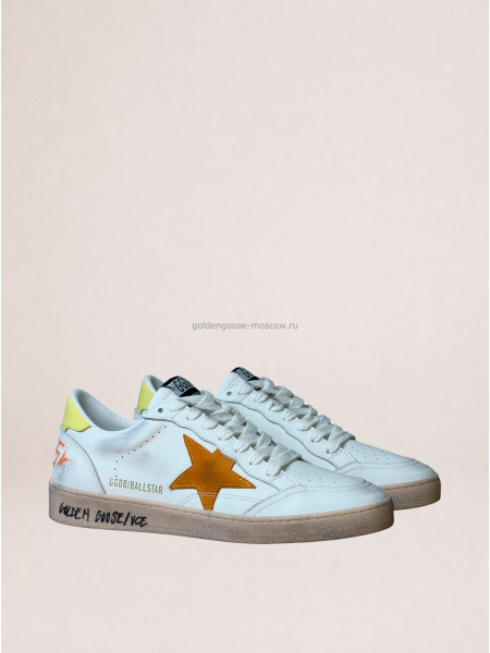 Golden Goose Ball Star in White Leather With Orange Star and Yellow Heel Tab