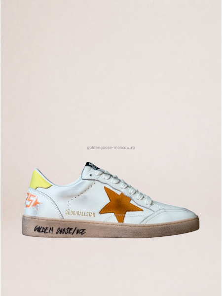 Golden Goose Ball Star in White Leather With Orange Star and Yellow Heel Tab