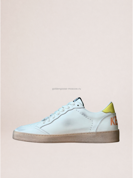 Golden Goose Ball Star in White Leather With Orange Star and Yellow Heel Tab