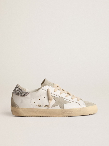 Golden Goose Super-Star With Gray Star And Silver Glitter Heel Tab