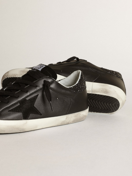 Golden Goose Super-Star In Black Nappa With Black Star And Glitter Heel Tab