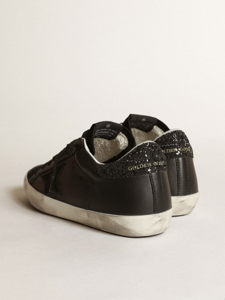 Golden Goose Super-Star In Black Nappa With Black Star And Glitter Heel Tab
