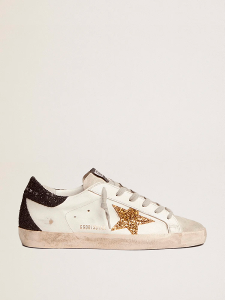 Golden Goose Super-Star In Gold Glitter Star And Black Glitter Heel tab