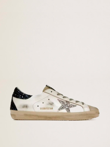 Golden Goose Super-Star Silver Star And Brown Glitter Heel Tab