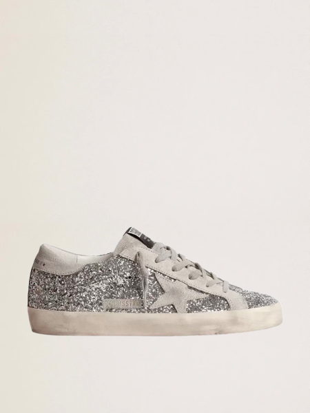Golden Goose Super-Star In Silver Glitter With Ice-Gray Suede Star
