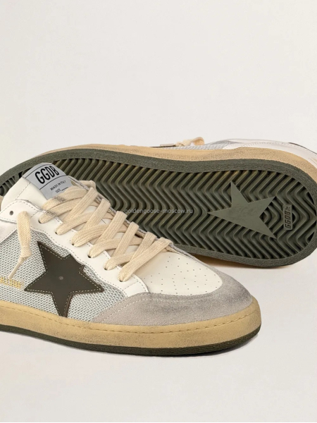 Golden Goose Mens Ball Star in Grey Fabric With Green Star Golden Goose Mens Ball Star in Grey Fabric With Green Star