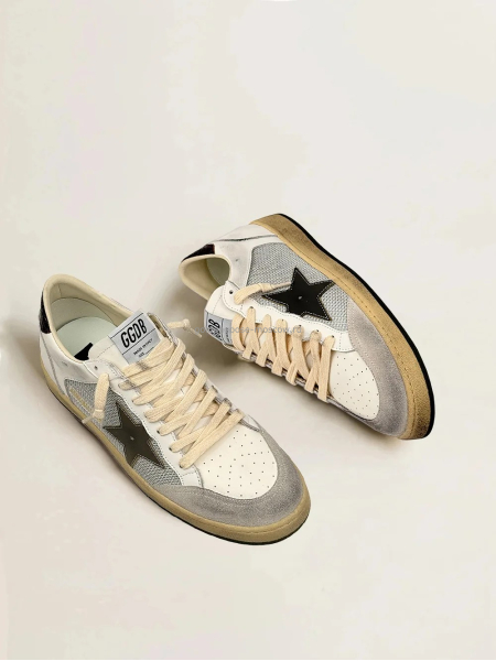 Golden Goose Mens Ball Star in Grey Fabric With Green Star Golden Goose Mens Ball Star in Grey Fabric With Green Star