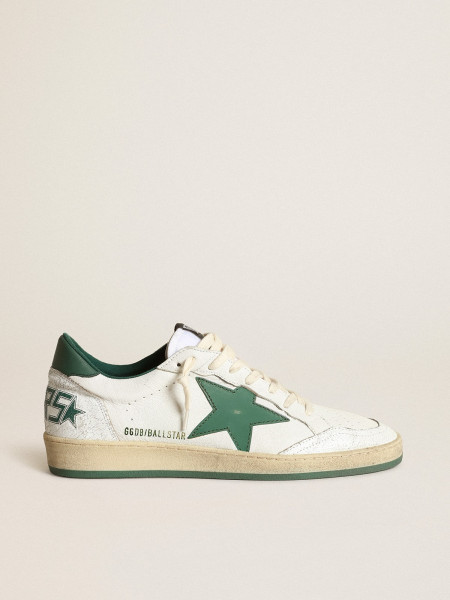 Golden Goose Men's Ball Star In White Nappa Leather With Green Leather Star And Heel Tab