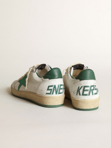 Golden Goose Men's Ball Star In White Nappa Leather With Green Leather Star And Heel Tab