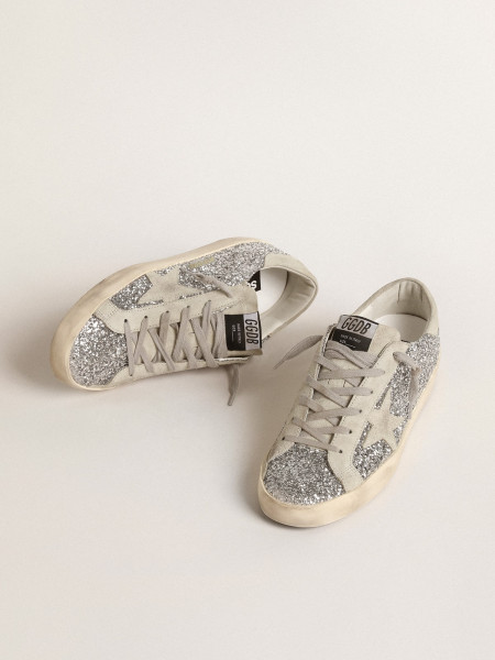 Golden Goose Super-Star In Silver Glitter With Ice-Gray Suede Star