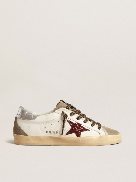 Golden Goose Super-Star With Burgundy Glitter Star And Silver Heel Tab