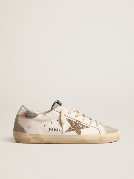 Golden Goose Super-Star With Gold Glitter Star And Ice-Gray Suede Inserts