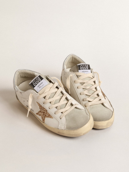 Golden Goose Super-Star With Gold Glitter Star And Ice-Gray Suede Inserts