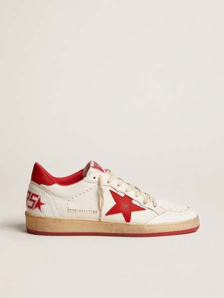 Golden Goose Ball Star In White Leather With Red Star And Heel Tab