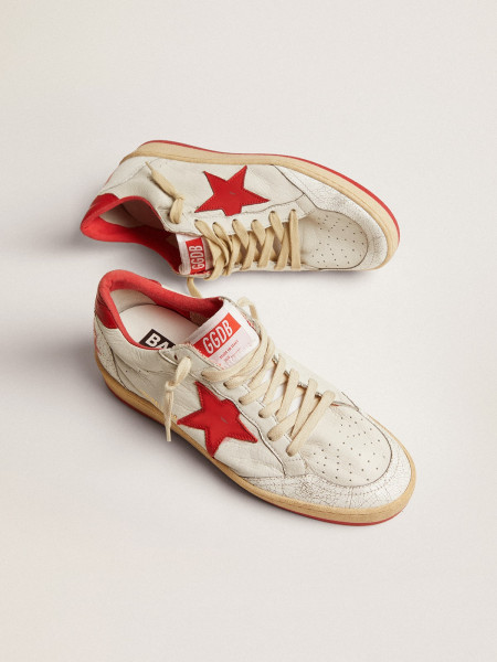 Golden Goose Ball Star In White Leather With Red Star And Heel Tab