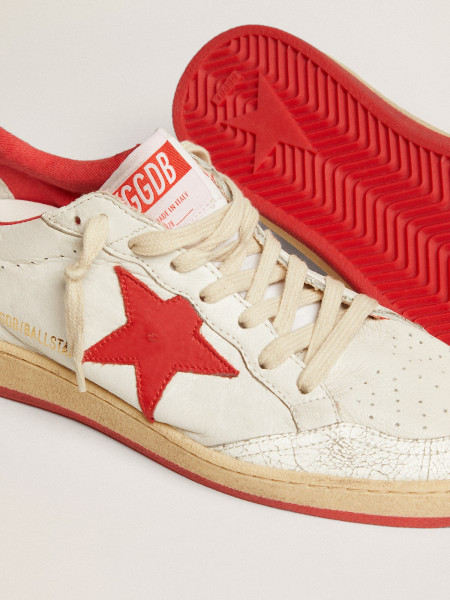 Golden Goose Ball Star In White Leather With Red Star And Heel Tab