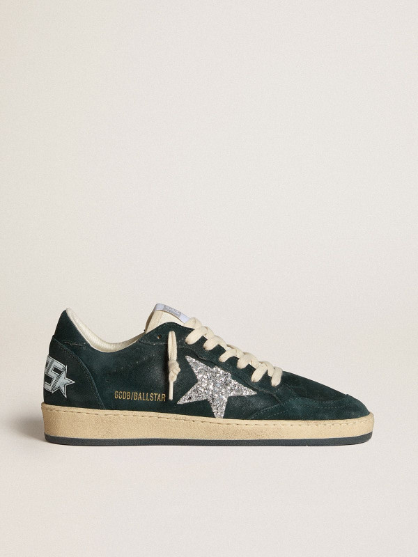 Golden Goose Ball Star In Green Suede With Silver Glitter Star Golden Goose Ball Star In Green Suede With Silver Glitter Star